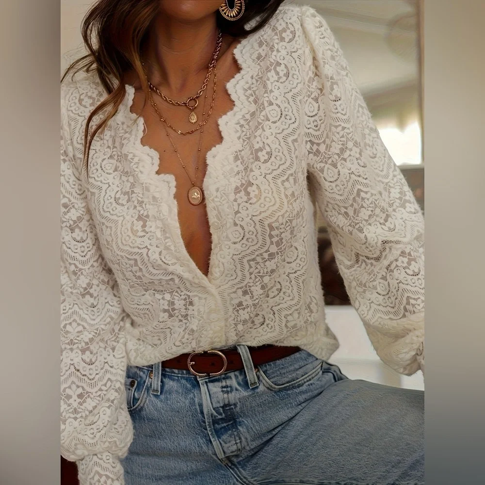 Source Unknown Cream Lace V-Neck Long Sleeve Blouse - Picture 1 of 4